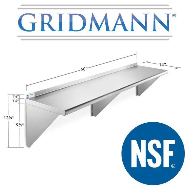 Alt view image 5 of 6 - GRIDMANN NSF Stainless Steel 14" x 60" Kitchen Wall Mount Shelf Commercial Restaurant Bar w/ Backsplash