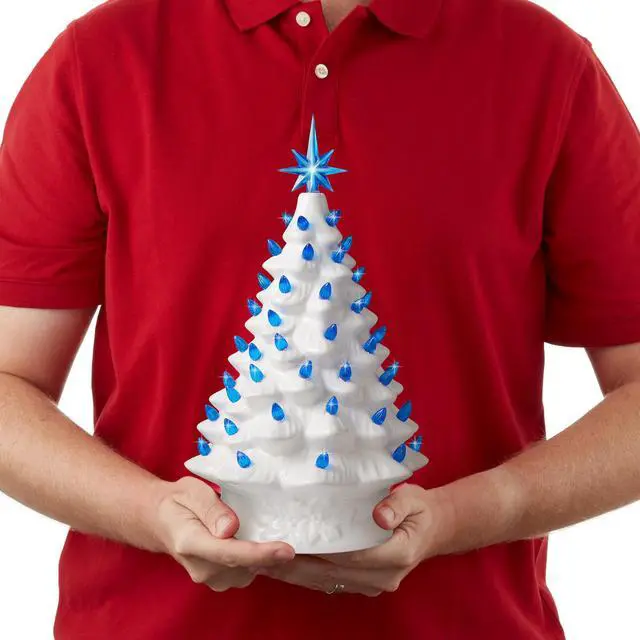 Alt view image 4 of 6 - Casafield Hand Painted Ceramic Christmas Tree, White 15-Inch Pre-Lit Tree with 128 Pink and Blue Lights and 2 Star Toppers