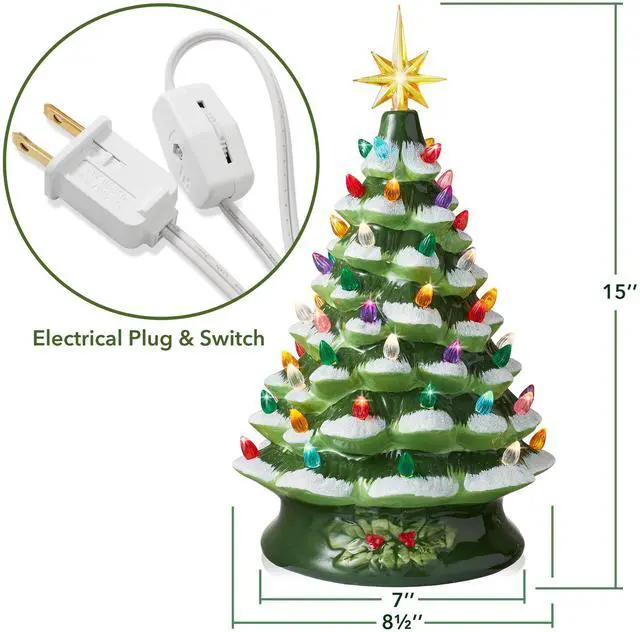 Alt view image 6 of 6 - Casafield Hand Painted Ceramic Christmas Tree, Green Snow Flocked 15-Inch Pre-Lit Tree with 128 Multi-color Lights and 2 Star Toppers