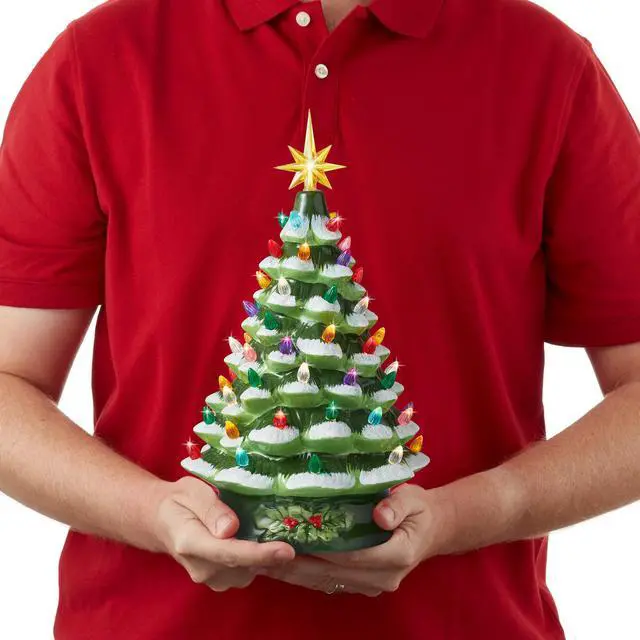 Alt view image 4 of 6 - Casafield Hand Painted Ceramic Christmas Tree, Green Snow Flocked 15-Inch Pre-Lit Tree with 128 Multi-color Lights and 2 Star Toppers