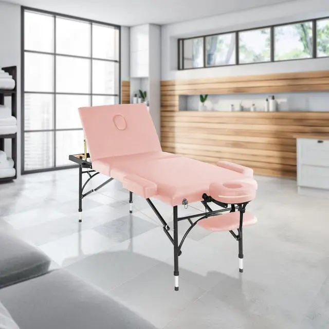 Alt view image 2 of 6 - Saloniture Professional Portable Lightweight Tri-Fold Massage Table with Aluminum Legs - Includes Headrest, Face Cradle, Armrests and Carrying Case, Pink
