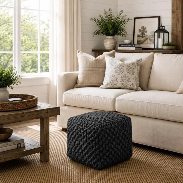 Alt view image 5 of 6 - Casafield Square Pouf Ottoman, Black - 18.5" W x 18.5" D x 14.5" H Cotton Knit Foot Stool - Boho Floor Pouffe for Living Room, Bedroom, Home Office