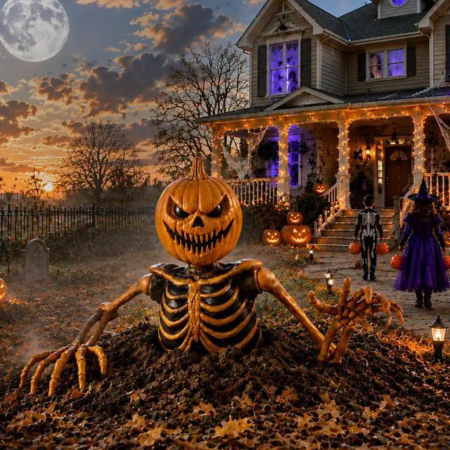Alt view image 2 of 6 - BOO BOX 35" Groundbreaking Pumpkin Skeleton, Scary Outdoor Halloween Decorations for Yard