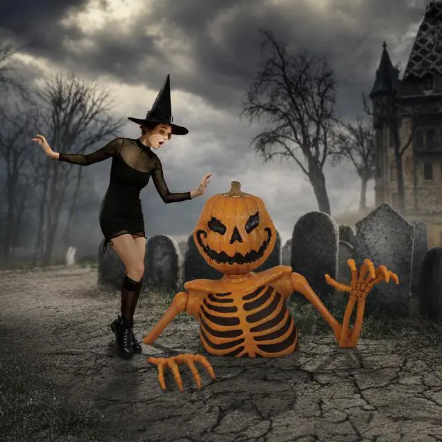 Alt view image 2 of 6 - BOO BOX 48" Groundbreaking Pumpkin Skeleton - Creepy Outdoor Halloween Decorations for Porch or Yard