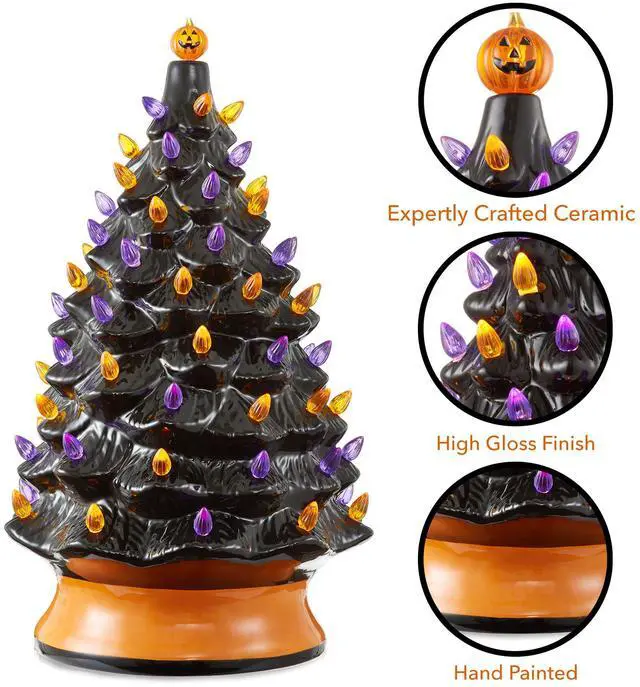 Alt view image 5 of 6 - Casafield Hand Painted Ceramic Halloween Tree, 24-Inch Pre-Lit Decoration with 148 Multi-Color Lights, Jack-O-Lantern and Star Toppers