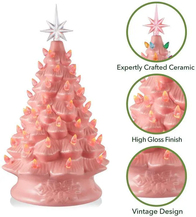 Alt view image 3 of 6 - Casafield Hand Painted Ceramic Christmas Tree, Pink 15-Inch Pre-Lit Tree with 128 Multi Color Lights and 2 Star Toppers