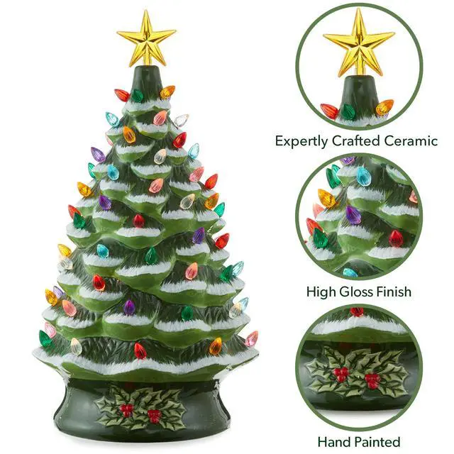Alt view image 5 of 6 - Casafield Hand Painted Ceramic Christmas Tree, Green Snow Flocked 24-Inch Pre-Lit Tree with 148 Multi Color Lights and 2 Star Toppers