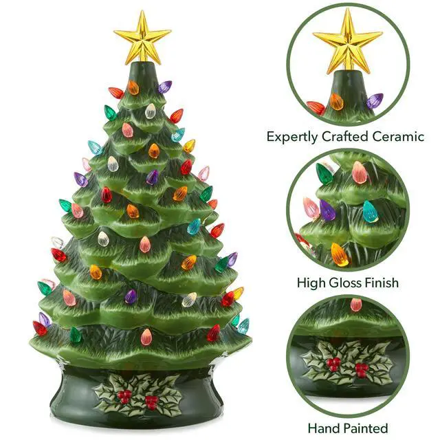 Alt view image 5 of 6 - Casafield Hand Painted Ceramic Christmas Tree, Green 24-Inch Pre-Lit Tree with 148 Multi Color Lights and 2 Star Toppers
