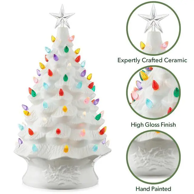 Alt view image 5 of 6 - Casafield Hand Painted Ceramic Christmas Tree, White 24-Inch Pre-Lit Tree with 148 Multi Color Lights and 2 Star Toppers