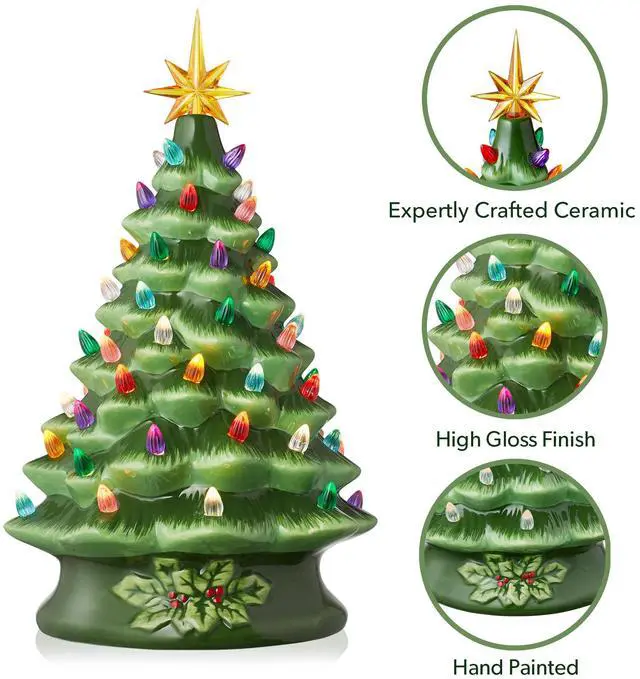 Alt view image 4 of 6 - Casafield Hand Painted Ceramic Christmas Tree, Green 15-Inch Pre-Lit Tree with 128 Multi Color Lights and 2 Star Toppers