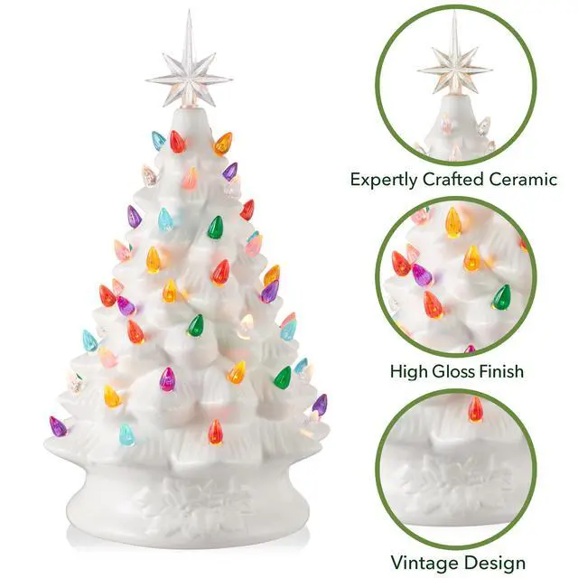 Alt view image 3 of 6 - Casafield Hand Painted Ceramic Christmas Tree, White 15-Inch Pre-Lit Tree with 128 Multi Color Lights and 2 Star Toppers