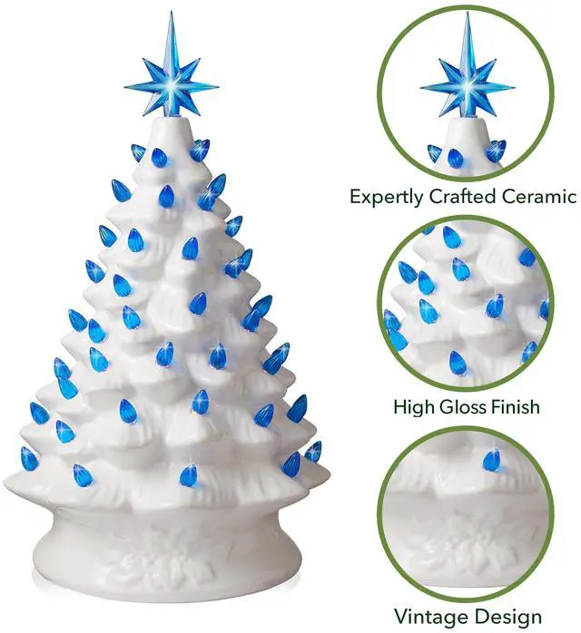 Alt view image 3 of 6 - Casafield Hand Painted Ceramic Christmas Tree, White 15-Inch Pre-Lit Tree with 128 Pink and Blue Lights and 2 Star Toppers