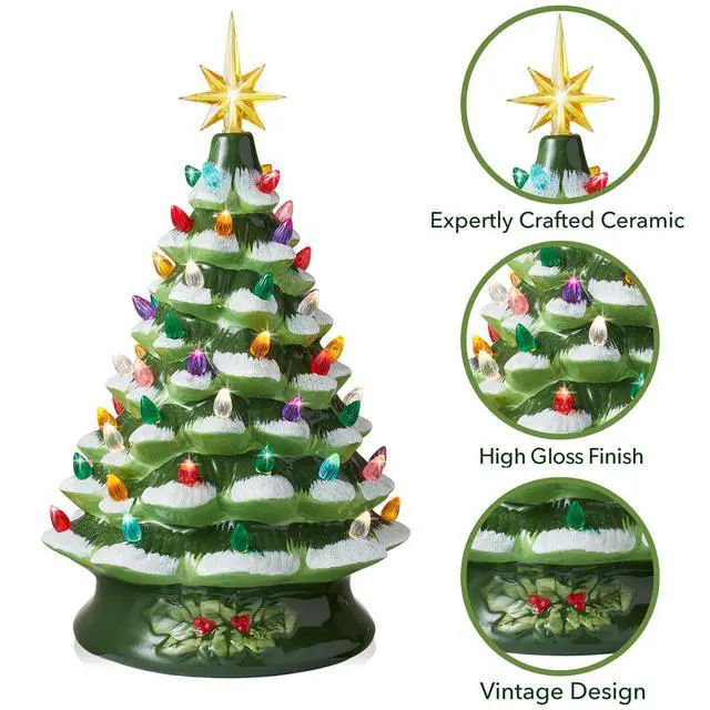 Alt view image 3 of 6 - Casafield Hand Painted Ceramic Christmas Tree, Green Snow Flocked 15-Inch Pre-Lit Tree with 128 Multi-color Lights and 2 Star Toppers