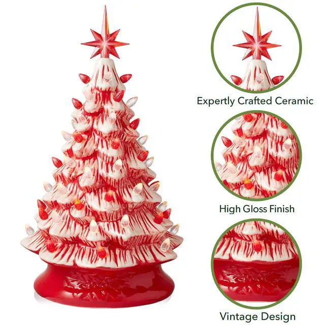 Alt view image 3 of 6 - Casafield Hand Painted Ceramic Christmas Tree, Red and White Peppermint 15-Inch Pre-Lit Tree with 128 Red and Clear Lights, 2 Star Toppers