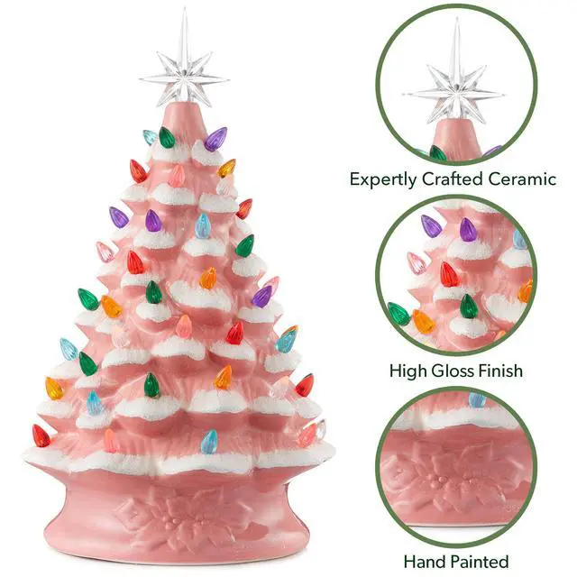 Alt view image 5 of 6 - Casafield Hand Painted Ceramic Christmas Tree, Pink Snow Flocked 15-Inch Pre-Lit Tree with 128 Multi Color Lights and 2 Star Toppers