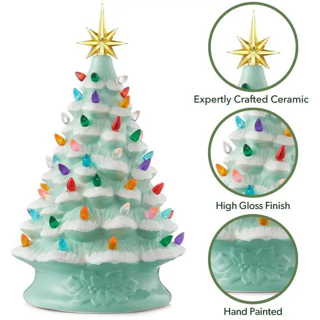 Alt view image 5 of 6 - Casafield Hand Painted Ceramic Christmas Tree, Seafoam Green Snow Flocked 15-Inch Pre-Lit Tree with 128 Multi Color Lights and 2 Star Toppers