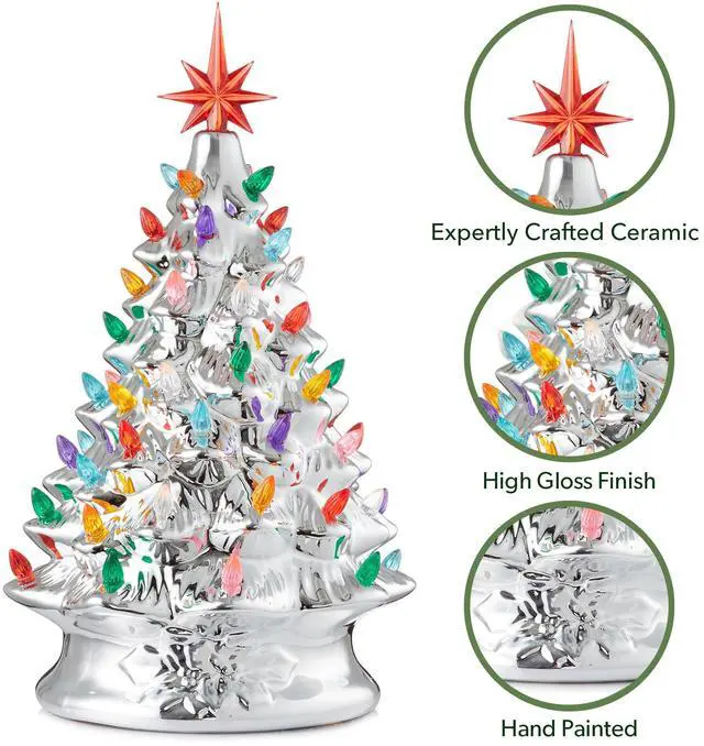 Alt view image 5 of 6 - Casafield Hand Painted Ceramic Christmas Tree, Silver 15-Inch Pre-Lit Tree with 128 Multi Color Lights and 2 Star Toppers