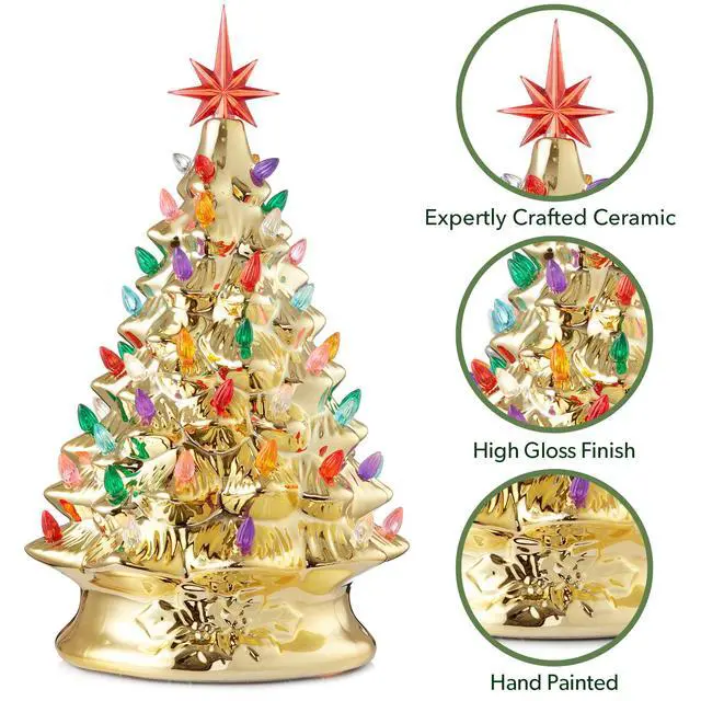 Alt view image 5 of 6 - Casafield Hand Painted Ceramic Christmas Tree, Gold 15-Inch Pre-Lit Tree with 128 Multi Color Lights and 2 Star Toppers