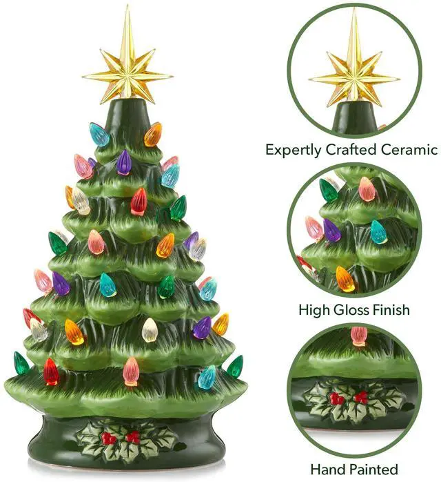 Alt view image 5 of 6 - Casafield Hand Painted Ceramic Christmas Tree, Green 12-Inch Pre-Lit Tree with 100 Multi Color Lights and 2 Star Toppers