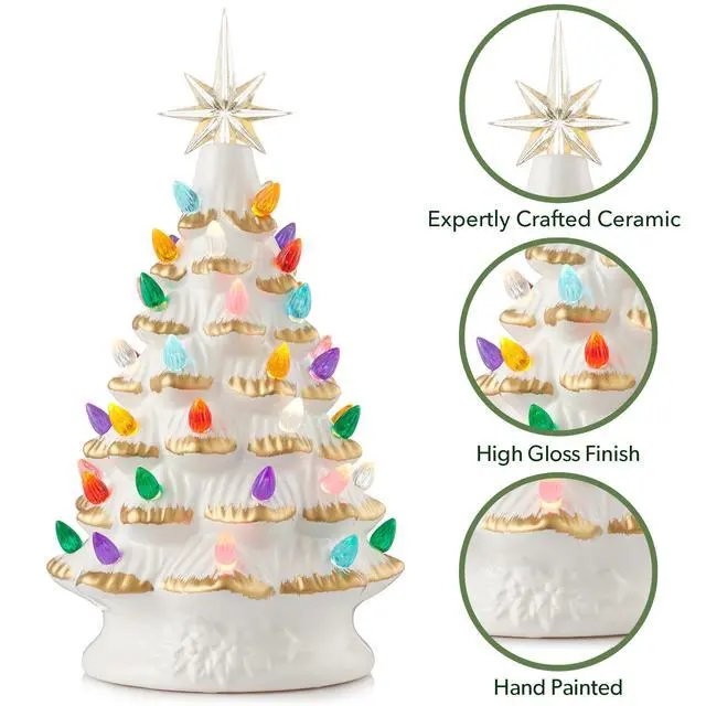 Alt view image 5 of 6 - Casafield Hand Painted Ceramic Christmas Tree, White 12-Inch Pre-Lit Tree with 100 Multi Color Lights and 2 Star Toppers