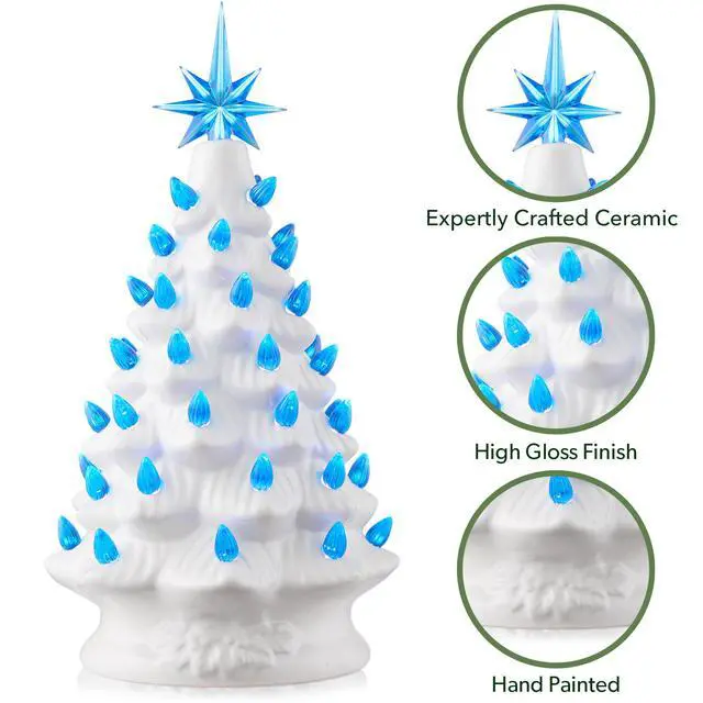Alt view image 5 of 6 - Casafield Hand Painted Ceramic Christmas Tree, White 12-Inch Pre-Lit Tree with 100 Pink and Blue Lights and 2 Star Toppers