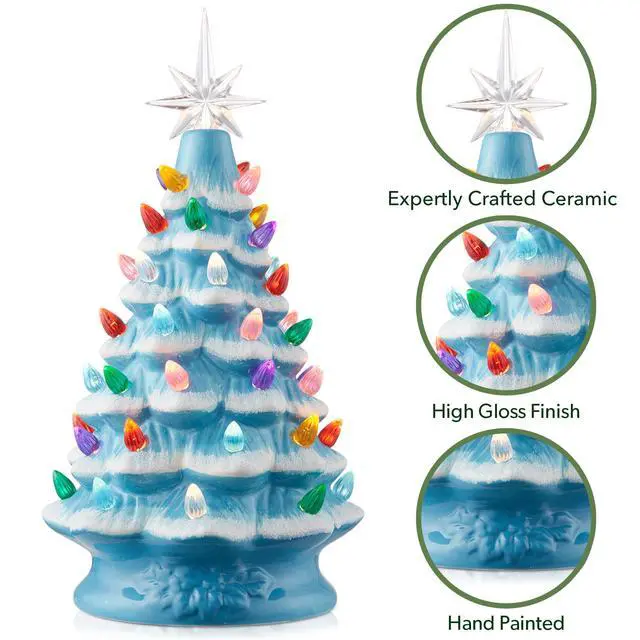 Alt view image 5 of 6 - Casafield Hand Painted Ceramic Christmas Tree, Blue Snow Flocked 12-Inch Pre-Lit Tree with 100 Multi Color Lights and 2 Star Toppers