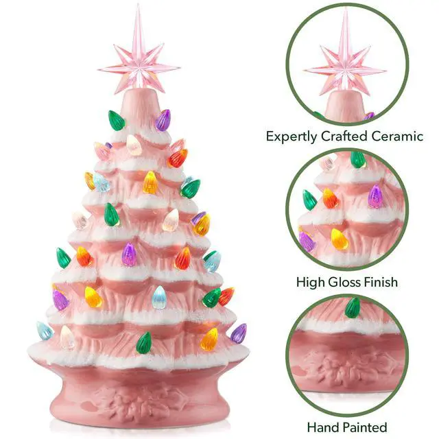 Alt view image 5 of 6 - Casafield Hand Painted Ceramic Christmas Tree, Pink Snow Flocked 12-Inch Pre-Lit Tree with 100 Multi Color Lights and 2 Star Toppers