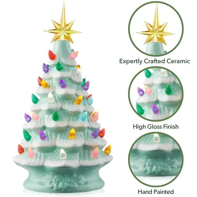 Alt view image 5 of 6 - Casafield Hand Painted Ceramic Christmas Tree, Seafoam Snow Flocked 12-Inch Pre-Lit Tree with 100 Multi Color Lights and 2 Star Toppers