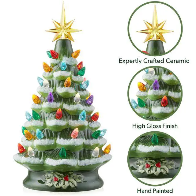 Alt view image 5 of 6 - Casafield Hand Painted Ceramic Christmas Tree, Green Snow Flocked 12-Inch Pre-Lit Tree with 100 Multi Color Lights and 2 Star Toppers