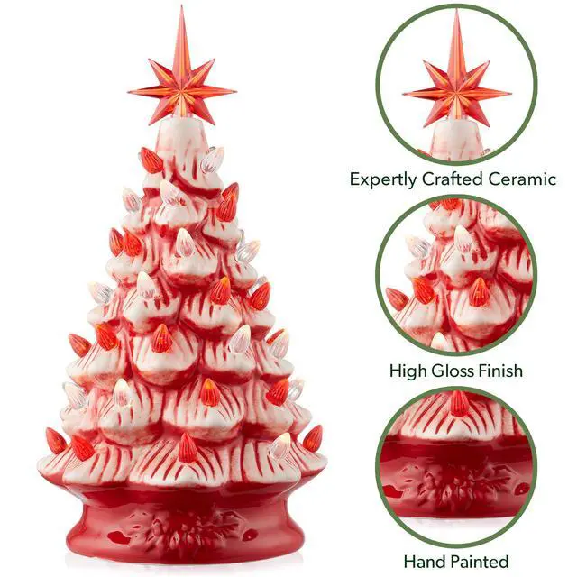 Alt view image 5 of 6 - Casafield Hand Painted Ceramic Christmas Tree, Red and White Peppermint 12-Inch Pre-Lit Tree with 100 Multi Color Lights and 2 Star Toppers