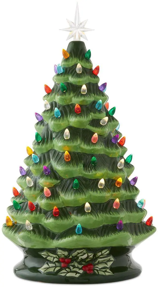 Main image of Hand Painted Ceramic Christmas Tree, Green 18" Pre-Lit, Multi Color Lights