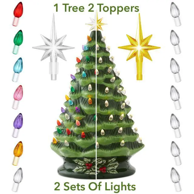 Alt view image 2 of 6 - Hand Painted Ceramic Christmas Tree, Green 18" Pre-Lit, Multi Color Lights