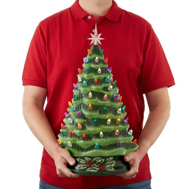 Alt view image 3 of 6 - Hand Painted Ceramic Christmas Tree, Green 18" Pre-Lit, Multi Color Lights
