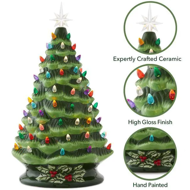 Alt view image 5 of 6 - Hand Painted Ceramic Christmas Tree, Green 18" Pre-Lit, Multi Color Lights