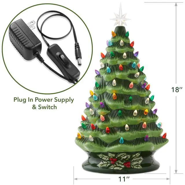 Alt view image 4 of 6 - Hand Painted Ceramic Christmas Tree, Green 18" Pre-Lit, Multi Color Lights