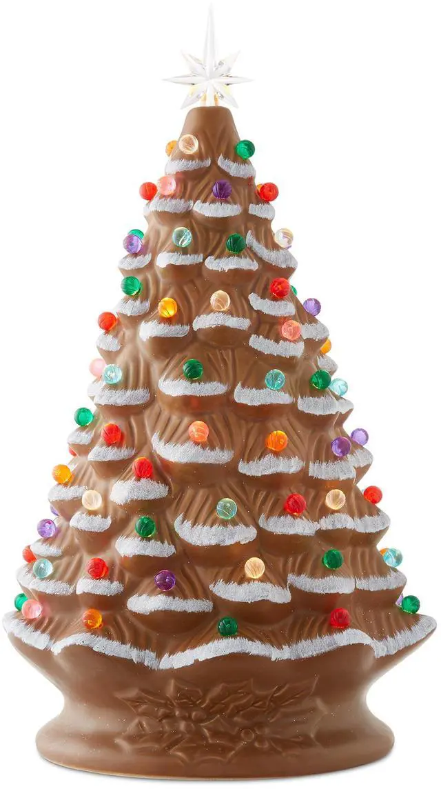 Main image of Hand Painted Ceramic Christmas Tree, Gingerbread 18" Pre-Lit, Multi Color Lights
