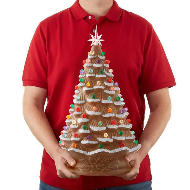 Alt view image 3 of 6 - Hand Painted Ceramic Christmas Tree, Gingerbread 18" Pre-Lit, Multi Color Lights