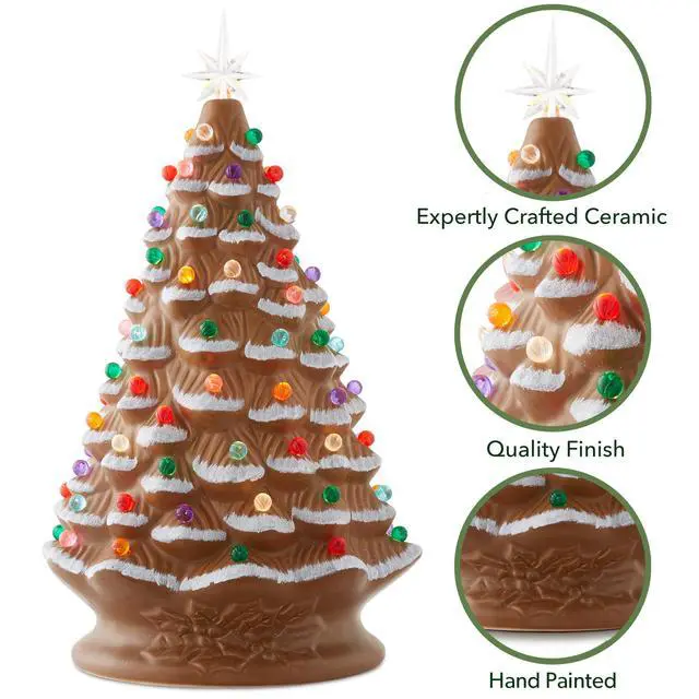 Alt view image 5 of 6 - Hand Painted Ceramic Christmas Tree, Gingerbread 18" Pre-Lit, Multi Color Lights