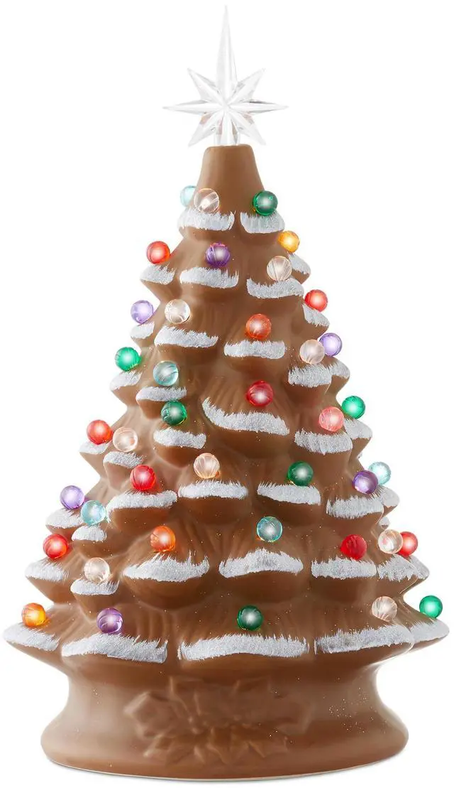 Main image of Hand Painted Ceramic Christmas Tree, Gingerbread 15" Pre-Lit, 128 Multi Color Lights, 2 Star Toppers