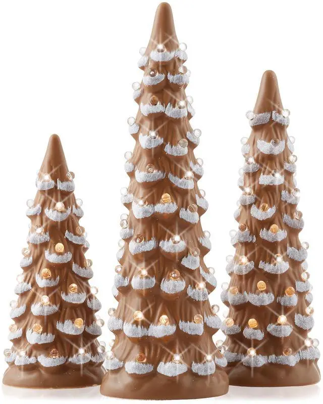 Main image of Set of 3 Hand Painted Ceramic Christmas Tree - Gingerbread Pre-Lit 8, 10, 12-Inch Trees with Lights