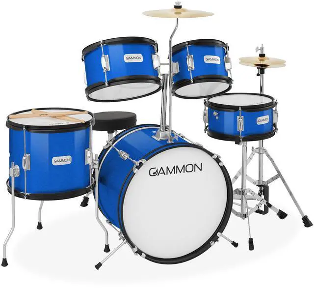 Main image of Gammon Percussion 5-Piece Junior Starter Drum Kit with Cymbals, Hardware, Sticks, & Throne - Blue