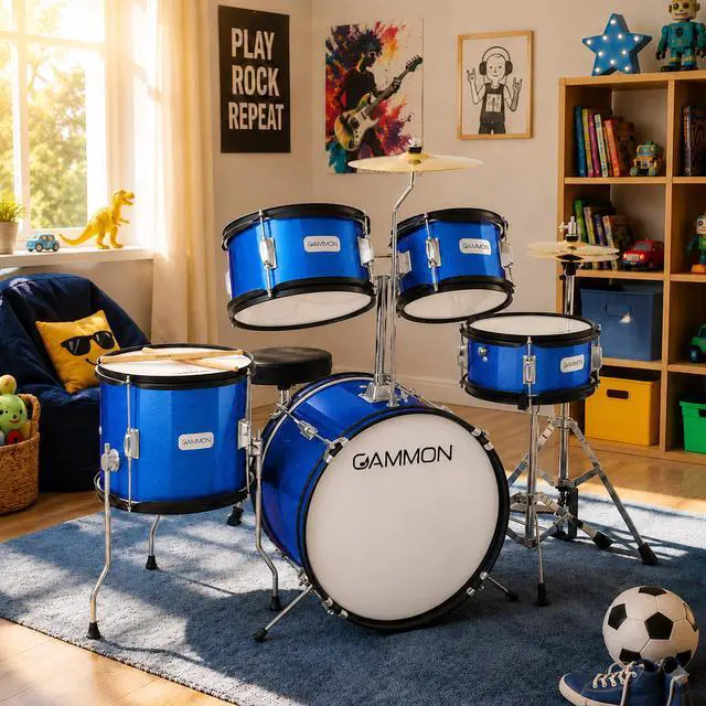 Alt view image 2 of 6 - Gammon Percussion 5-Piece Junior Starter Drum Kit with Cymbals, Hardware, Sticks, & Throne - Blue