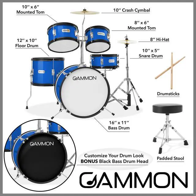 Alt view image 3 of 6 - Gammon Percussion 5-Piece Junior Starter Drum Kit with Cymbals, Hardware, Sticks, & Throne - Blue