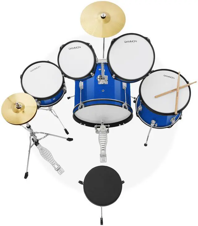 Alt view image 4 of 6 - Gammon Percussion 5-Piece Junior Starter Drum Kit with Cymbals, Hardware, Sticks, & Throne - Blue