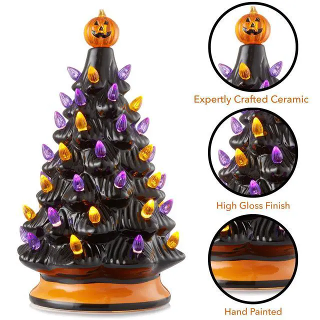Alt view image 5 of 6 - Casafield Hand-Painted Ceramic Halloween Tree, Black 12-Inch Pre-Lit Decoration with 100 Multi-Color Lights, Jack-O-Lantern and Star Toppers