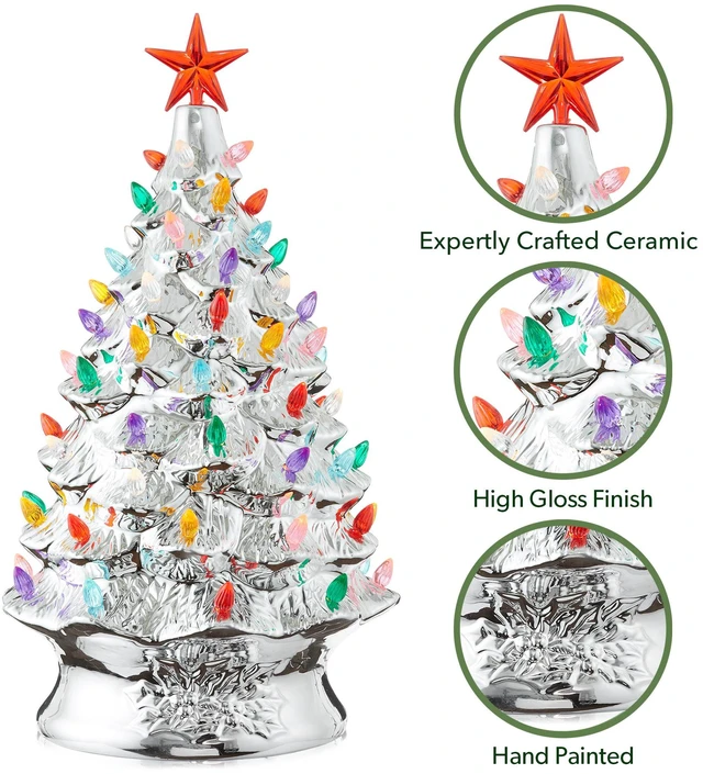 Alt view image 5 of 6 - Casafield Hand Painted Ceramic Christmas Tree, Silver 24-Inch Pre-Lit Tree with 148 Multi Color Lights and 2 Star Toppers