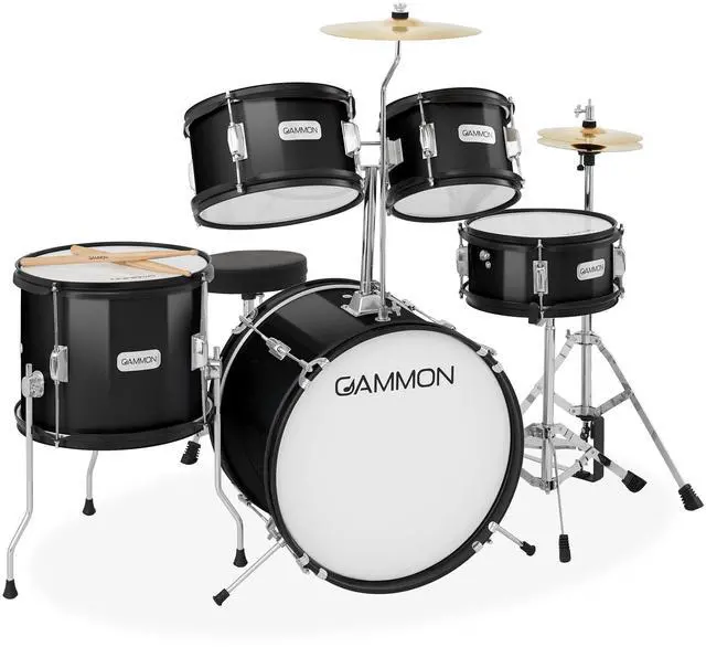 Main image of Gammon Percussion 5-Piece Junior Starter Drum Kit with Cymbals, Hardware, Sticks, & Throne - Black