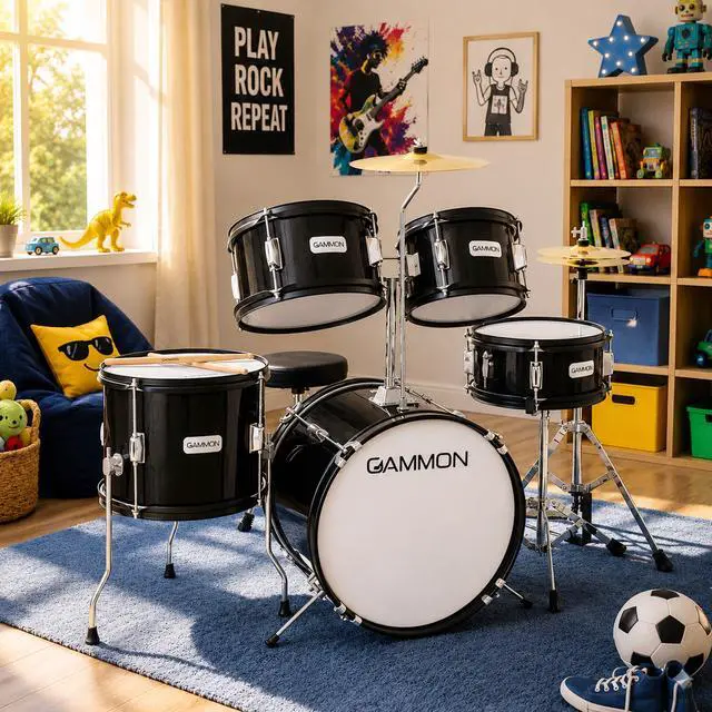 Alt view image 2 of 6 - Gammon Percussion 5-Piece Junior Starter Drum Kit with Cymbals, Hardware, Sticks, & Throne - Black