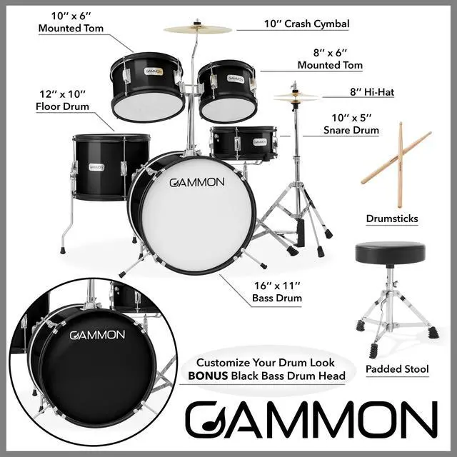 Alt view image 3 of 6 - Gammon Percussion 5-Piece Junior Starter Drum Kit with Cymbals, Hardware, Sticks, & Throne - Black