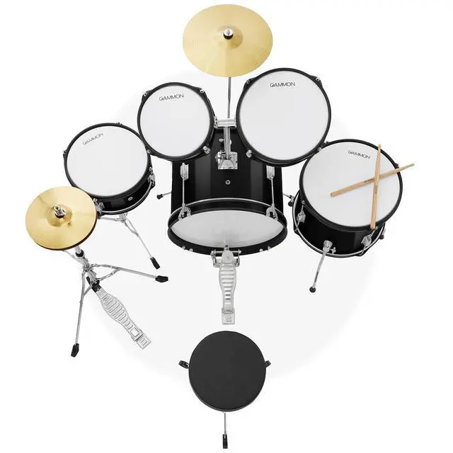 Alt view image 4 of 6 - Gammon Percussion 5-Piece Junior Starter Drum Kit with Cymbals, Hardware, Sticks, & Throne - Black